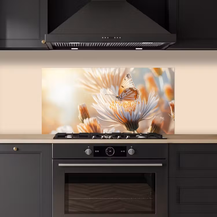 Vlinder - Bloem - Oranje keuken achterwand spatscherm middel -sfeer1