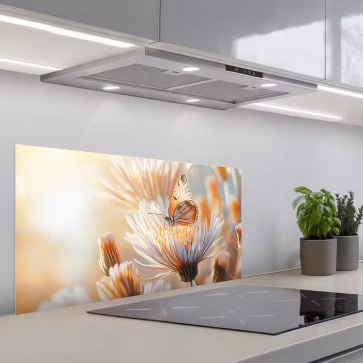 Vlinder - Bloem - Oranje keuken achterwand spatscherm middel -3d_schuin