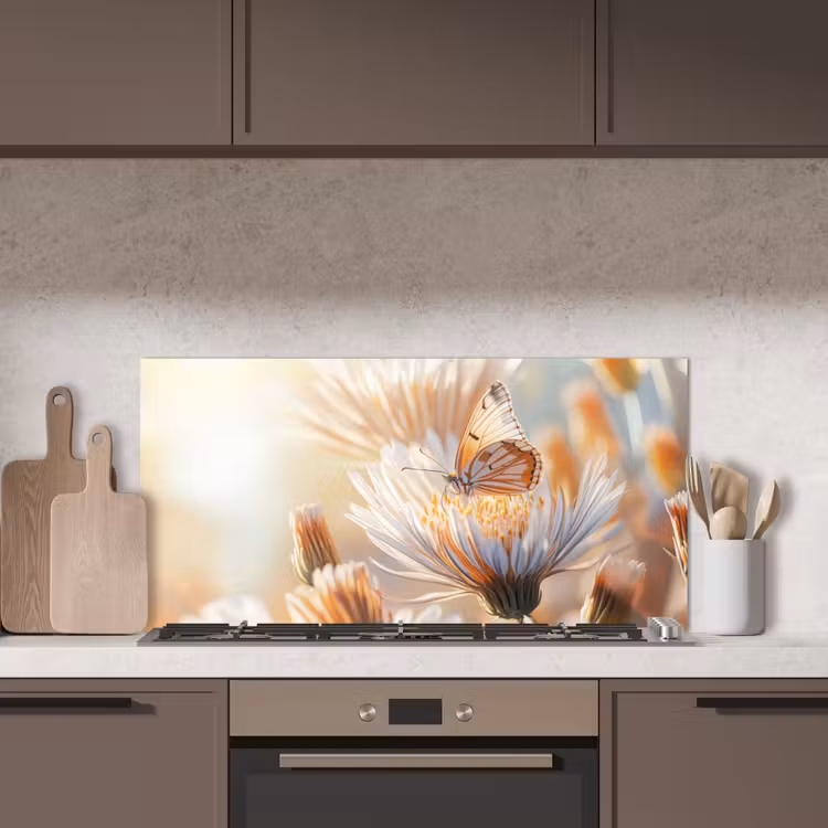 Vlinder - Bloem - Oranje keuken achterwand spatscherm middel -sfeer2