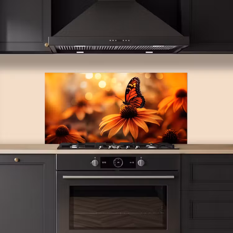 Vlinder - Bloemen - Oranje keuken achterwand spatscherm middel -sfeer1