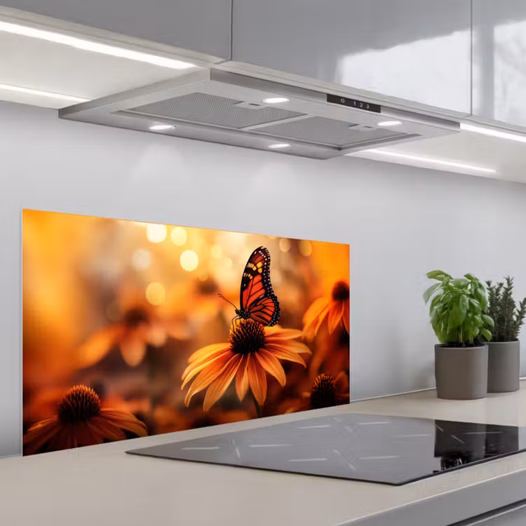Vlinder - Bloemen - Oranje keuken achterwand spatscherm middel -3d_schuin