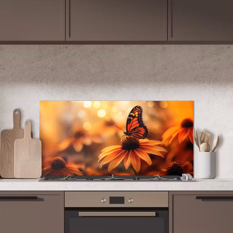 Vlinder - Bloemen - Oranje keuken achterwand spatscherm middel -sfeer2