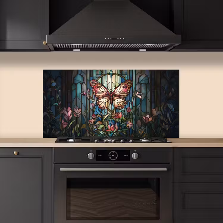 Vlinder - Roze - Bloemen - Bladeren keuken achterwand spatscherm middel -sfeer1
