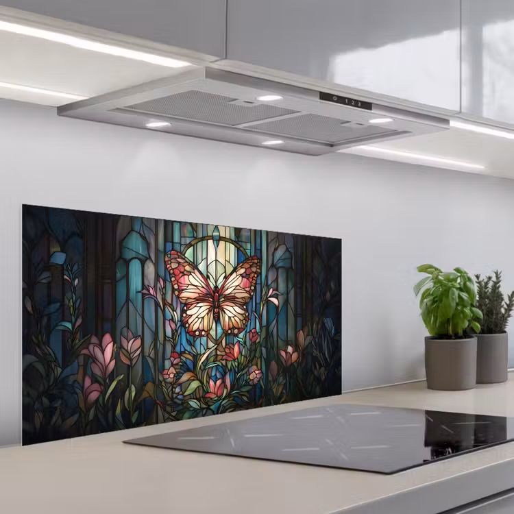 Vlinder - Roze - Bloemen - Bladeren keuken achterwand spatscherm middel -3d_schuin