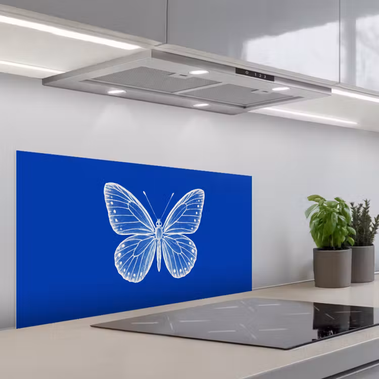 Vlinder - Wit - Getekend - Stippen keuken achterwand spatscherm middel -3d_schuin