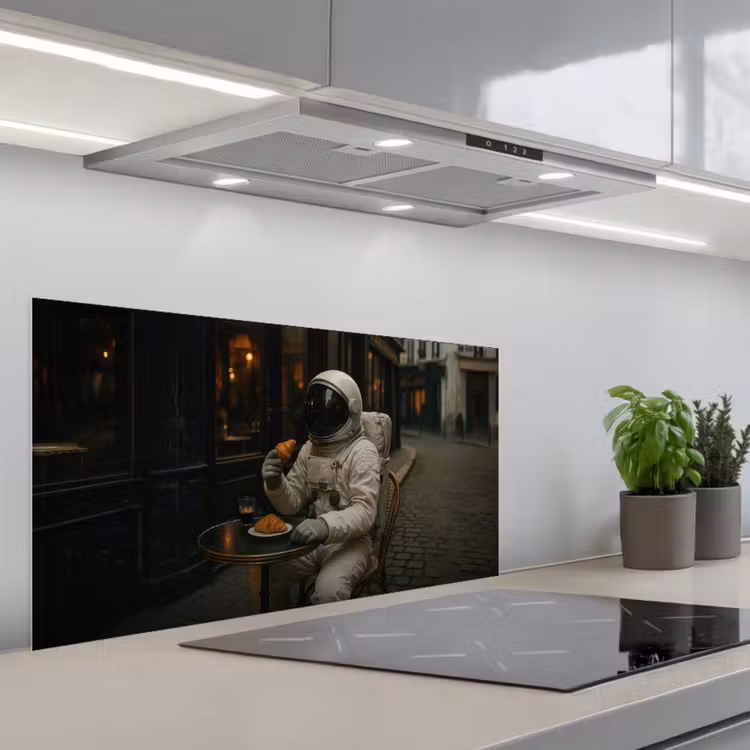 Café - Croissant - Koffie - Astronaut keuken achterwand spatscherm middel -3d_schuin