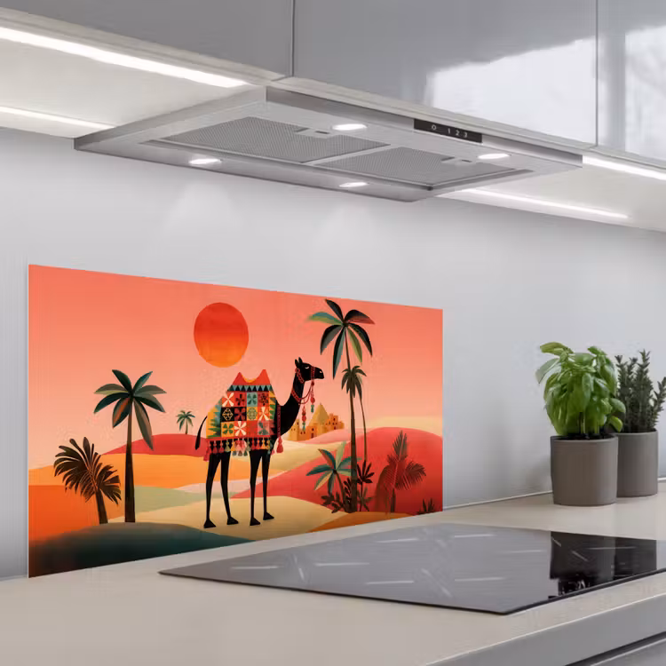 Kameel - Gekleurd tapijt - Duinen - Rode zon keuken achterwand spatscherm middel -3d_schuin