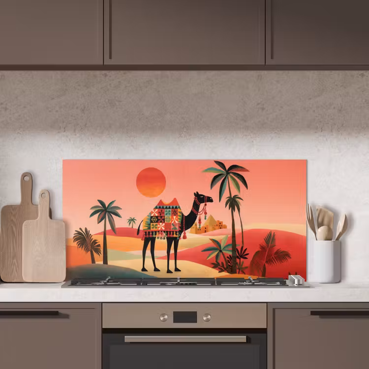 Kameel - Gekleurd tapijt - Duinen - Rode zon keuken achterwand spatscherm middel -sfeer2