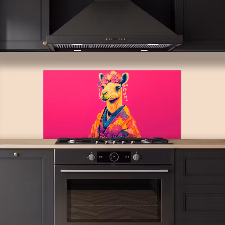 Kameel - Bloemen - Kimono - Waaiers keuken achterwand spatscherm middel -sfeer1