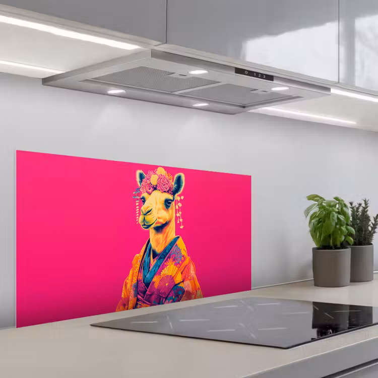 Kameel - Bloemen - Kimono - Waaiers keuken achterwand spatscherm middel -3d_schuin