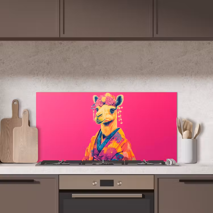 Kameel - Bloemen - Kimono - Waaiers keuken achterwand spatscherm middel -sfeer2