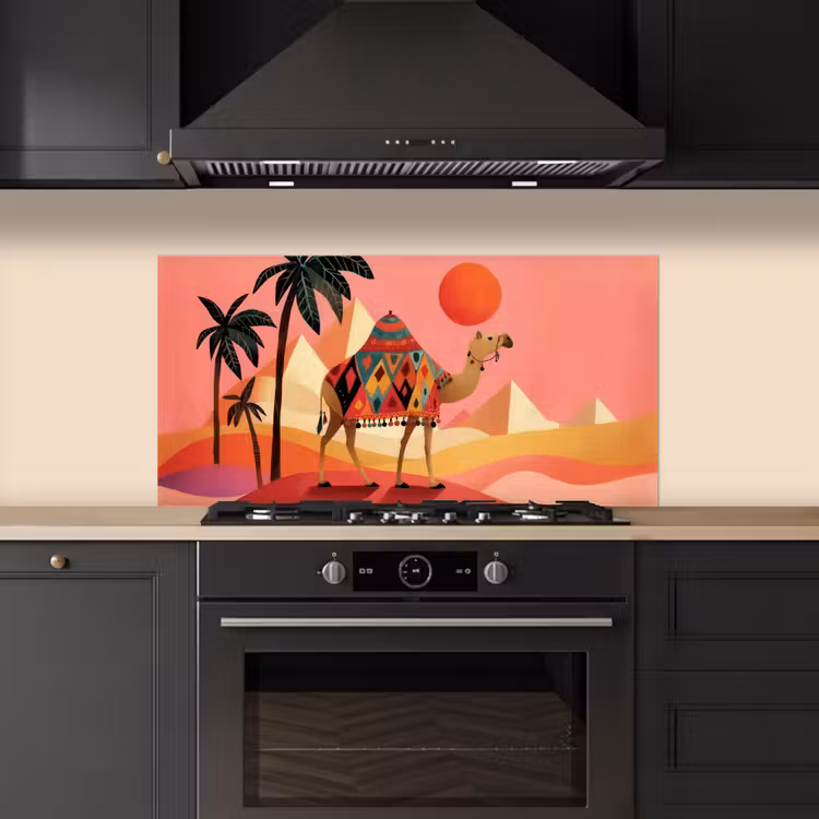 Kameel - Pyramides - Rode zon keuken achterwand spatscherm middel -sfeer1