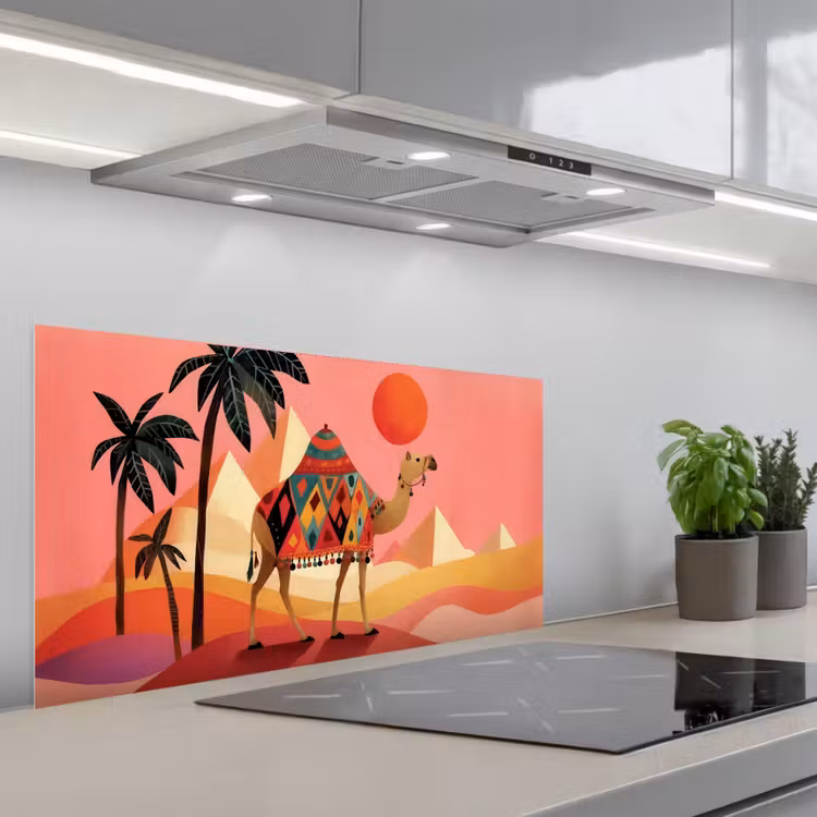 Kameel - Pyramides - Rode zon keuken achterwand spatscherm middel -3d_schuin