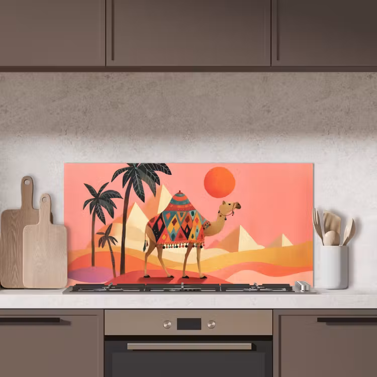 Kameel - Pyramides - Rode zon keuken achterwand spatscherm middel -sfeer2