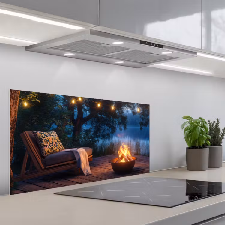 Kampvuur - Meer - Avondlicht keuken achterwand spatscherm middel -3d_schuin