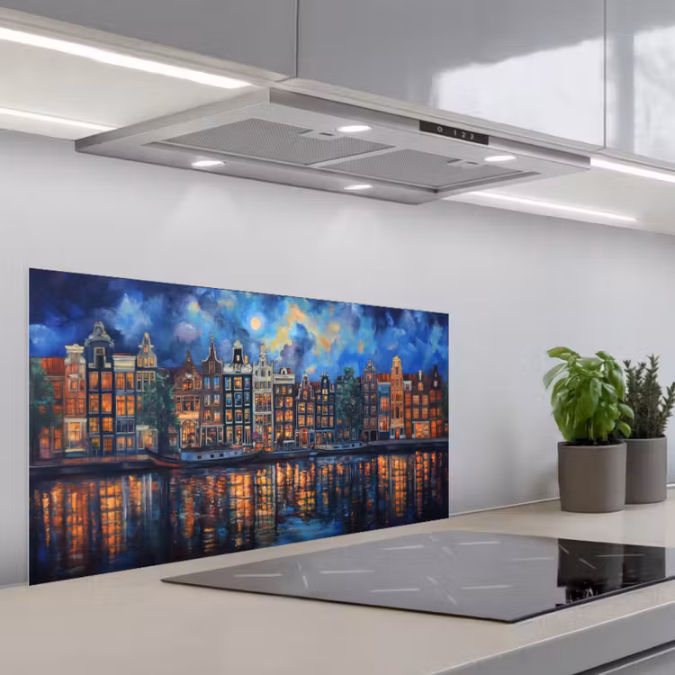 Grachten Amsterdam - Huizen - Stad - Kleurrijk keuken achterwand spatscherm middel -3d_schuin