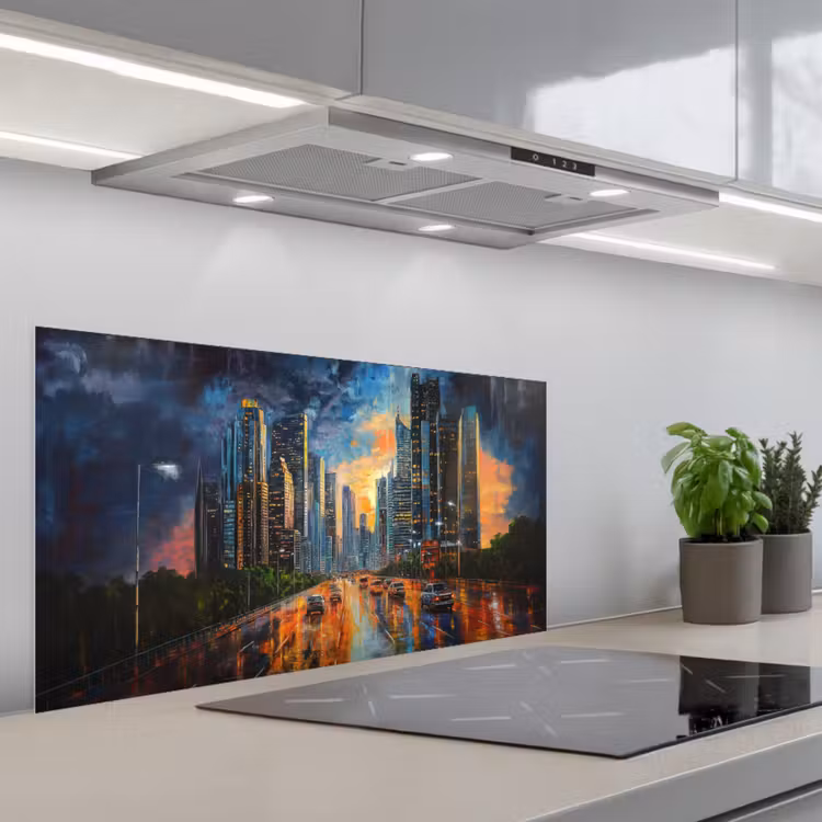 Auto - Skyline - Zon - Blauw keuken achterwand spatscherm middel -3d_schuin