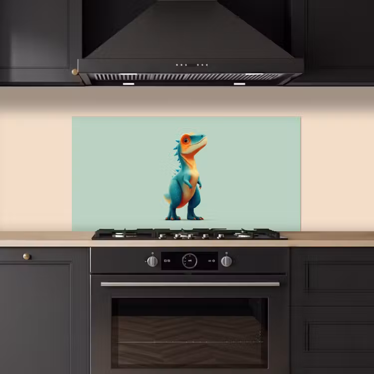Cartoon - Dino - Oranje - Stekels keuken achterwand spatscherm middel -sfeer1