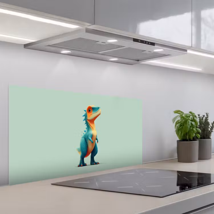 Cartoon - Dino - Oranje - Stekels keuken achterwand spatscherm middel -3d_schuin