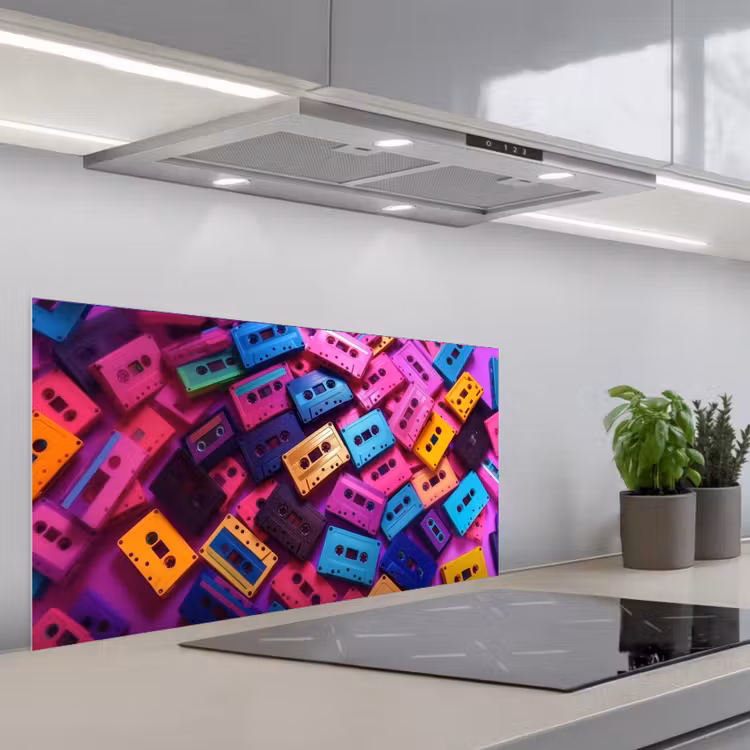 Cassetteband - Kleurrijk - Energiek keuken achterwand spatscherm middel -3d_schuin