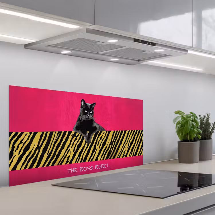 Kat - Baas - Roze - Tijgerprint keuken achterwand spatscherm middel -3d_schuin