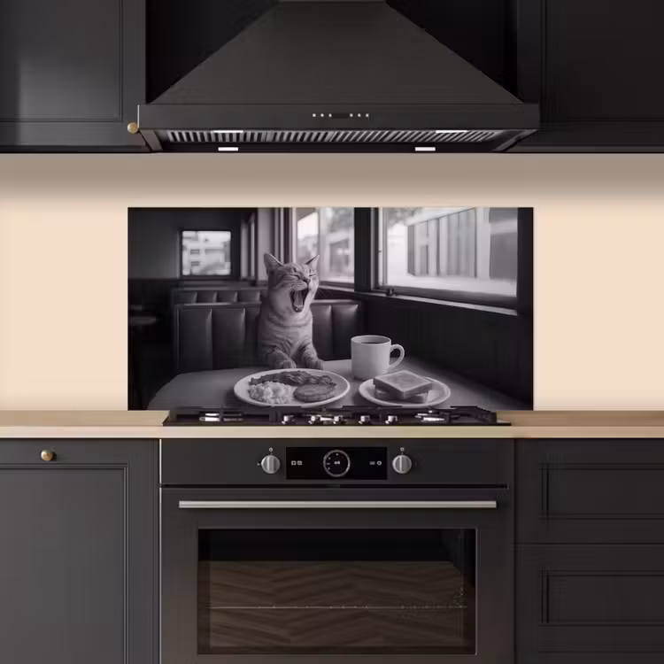 Kat - Koffie - Brood - Zwart keuken achterwand spatscherm middel -sfeer1