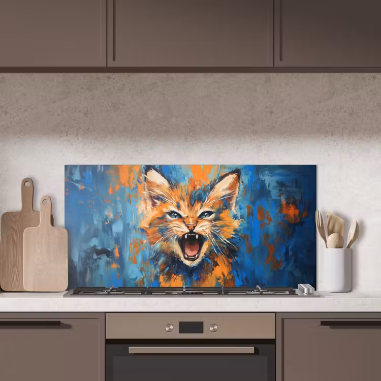 Kat - Kleurrijk - Oranje - Blauw keuken achterwand spatscherm middel -sfeer2