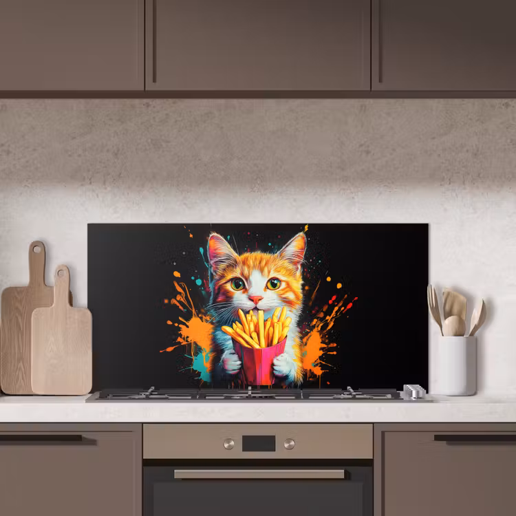 Kat - Eten - Patat - Graffiti - Abstract keuken achterwand spatscherm middel -sfeer2