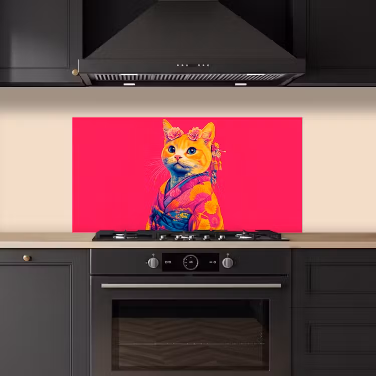 Kat - Kimono - Bloemen - Roze keuken achterwand spatscherm middel -sfeer1