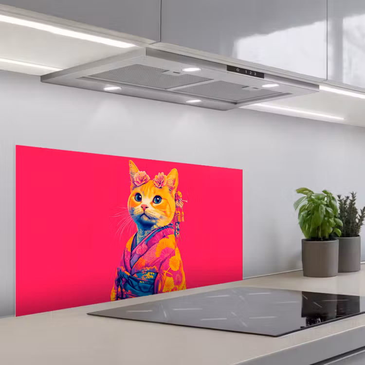 Kat - Kimono - Bloemen - Roze keuken achterwand spatscherm middel -3d_schuin