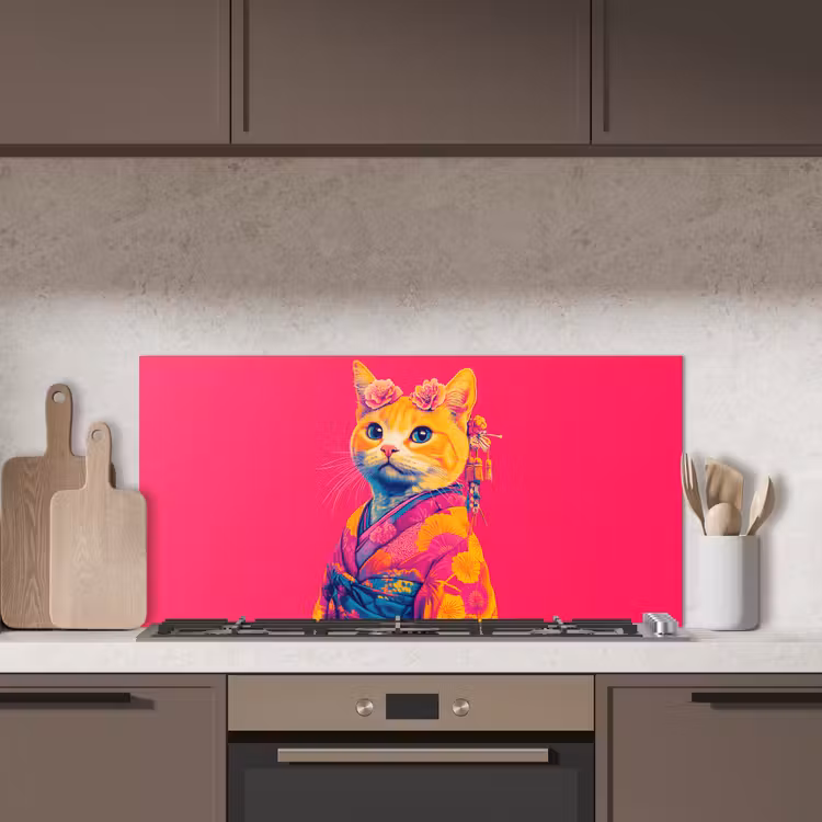Kat - Kimono - Bloemen - Roze keuken achterwand spatscherm middel -sfeer2