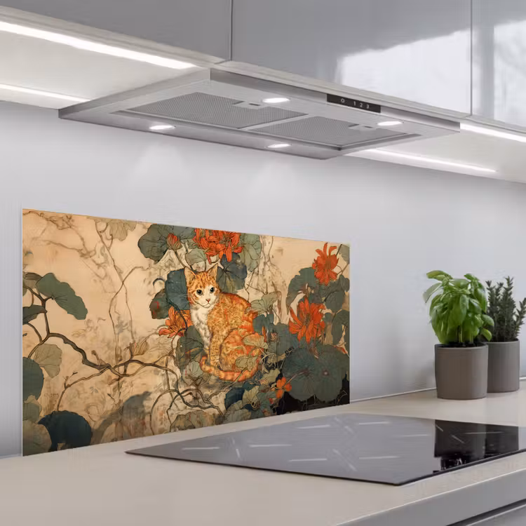 Kat - Sierlijk - Bloemen keuken achterwand spatscherm middel -3d_schuin