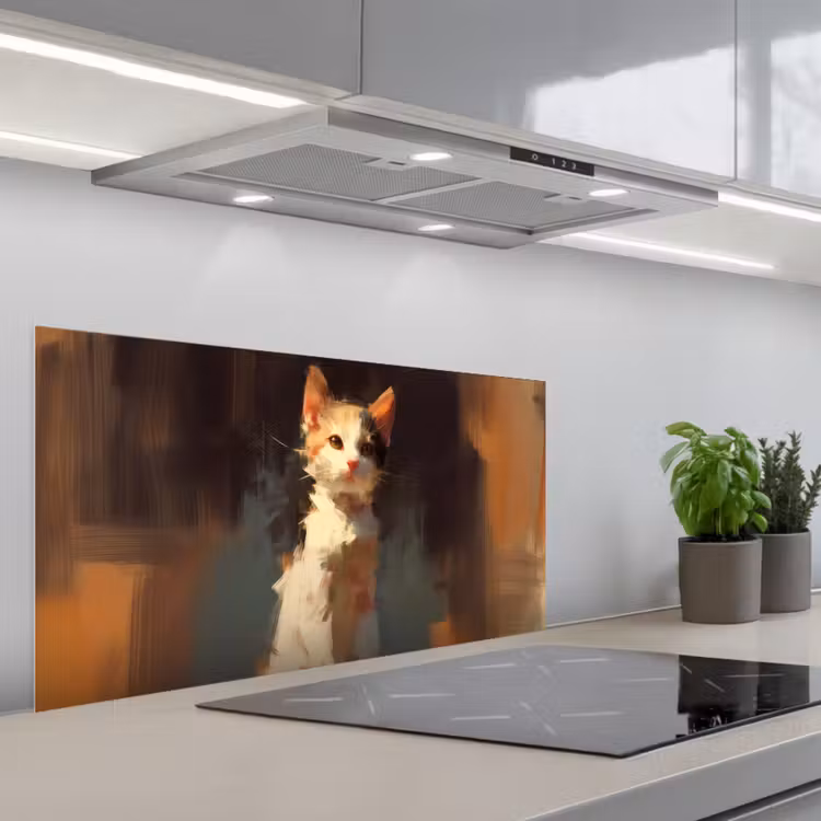 Kat - Geschilderd - Artistiek - Wit keuken achterwand spatscherm middel -3d_schuin