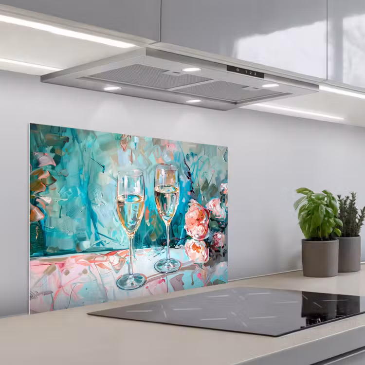 Champagne - Schilderij - Bloemen - Kunst keuken achterwand spatscherm middel -3d_schuin