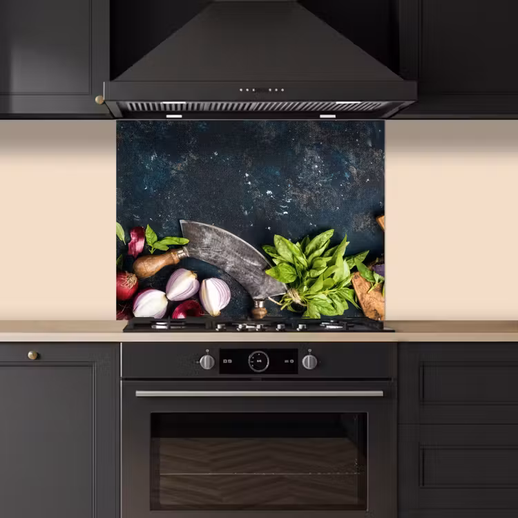 Koksmes en Verse Ingrediënten keuken achterwand spatscherm middel -sfeer1