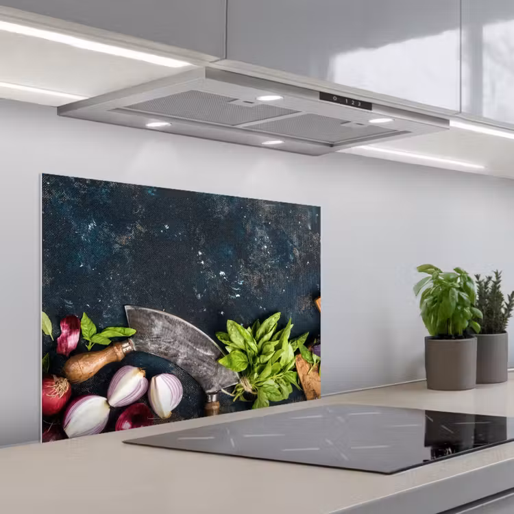 Koksmes en Verse Ingrediënten keuken achterwand spatscherm middel -3d_schuin