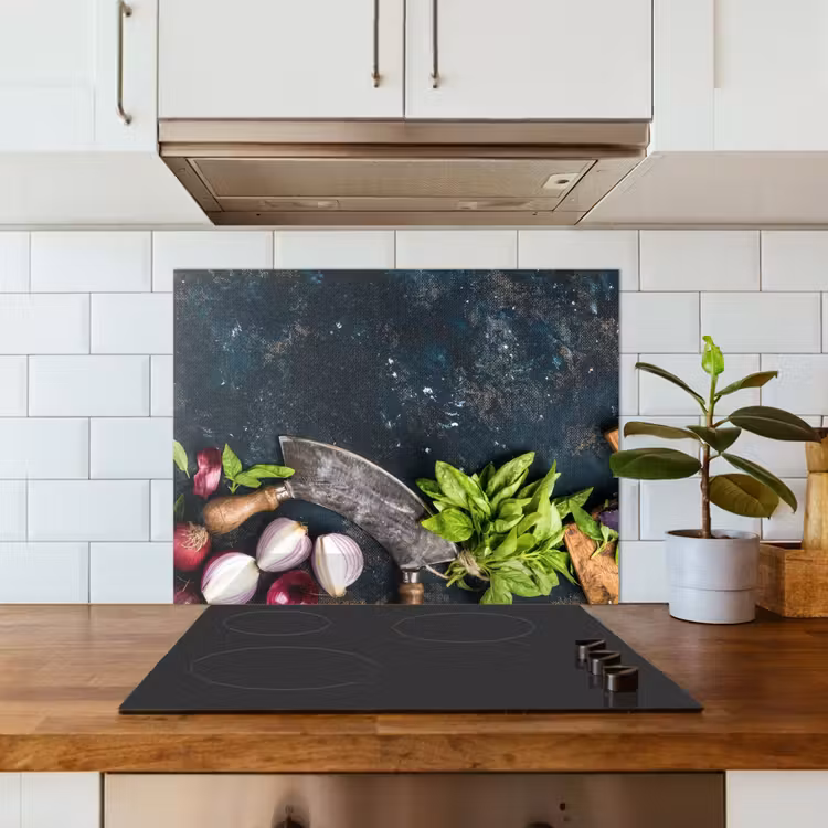 Koksmes en Verse Ingrediënten keuken achterwand spatscherm middel -sfeer2