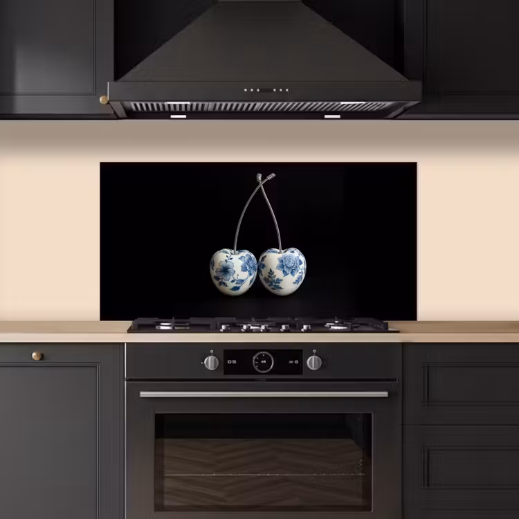 Kersen - Delfts blauw - Fruit keuken achterwand spatscherm middel -sfeer1