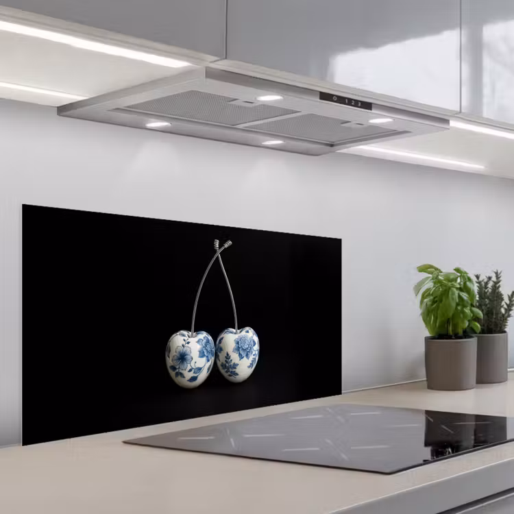 Kersen - Delfts blauw - Fruit keuken achterwand spatscherm middel -3d_schuin