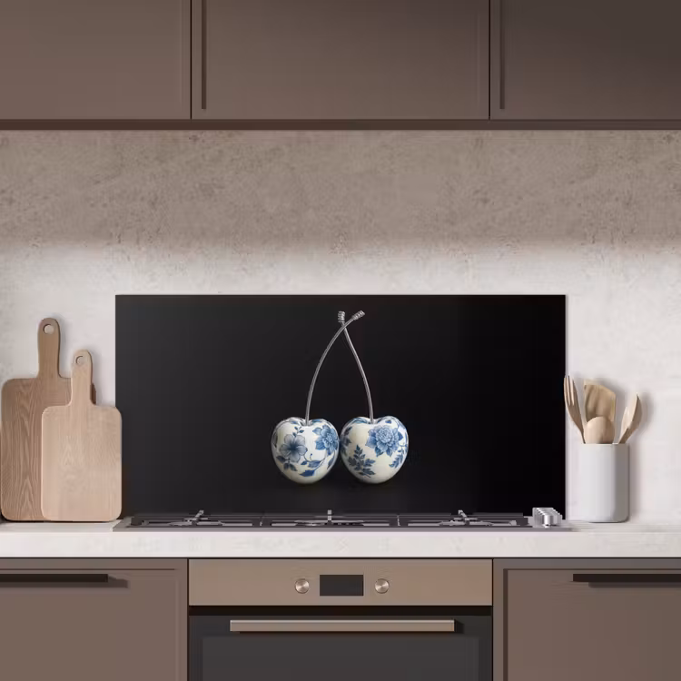 Kersen - Delfts blauw - Fruit keuken achterwand spatscherm middel -sfeer2