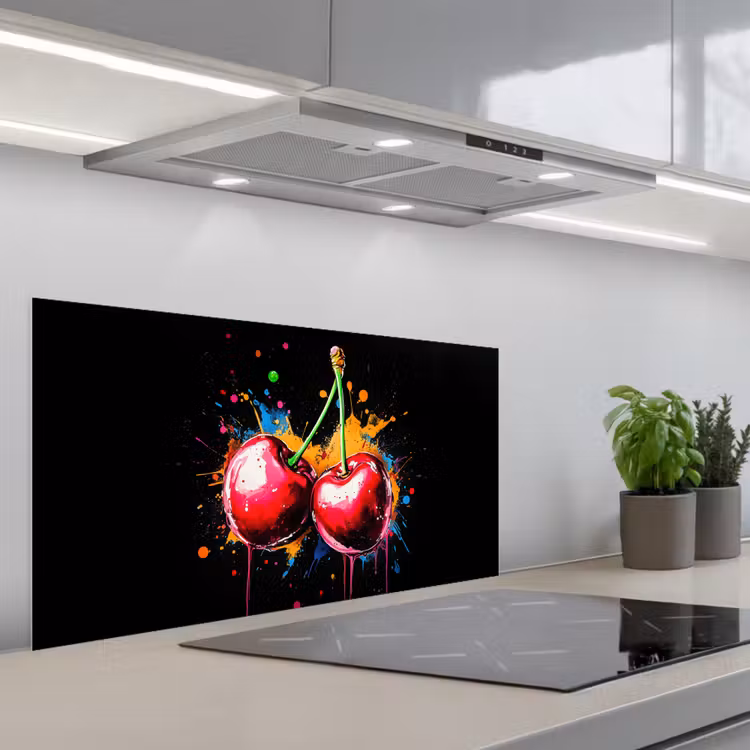 Kersen - Fruit - Graffiti - Verf - Abstract - Modern - Kleurrijk keuken achterwand spatscherm middel -3d_schuin