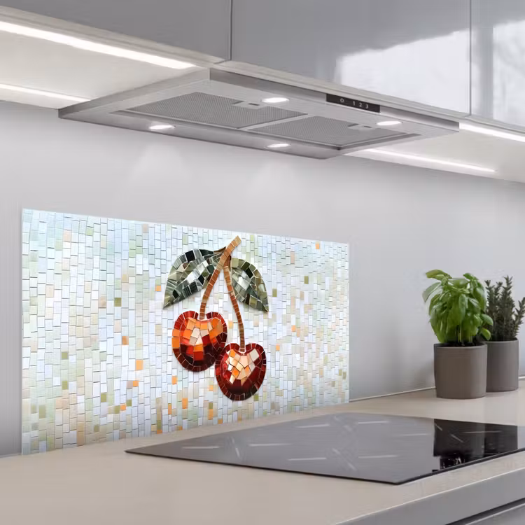 Kersen - Rood - Mozaïek - Blaadjes keuken achterwand spatscherm middel -3d_schuin