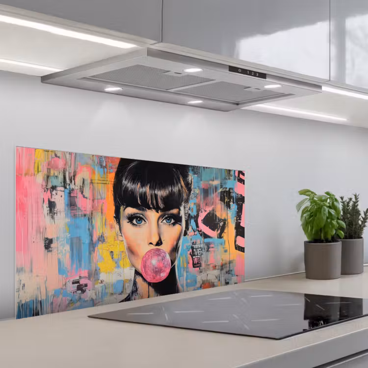 Kauwgom - Vrouw - Penseelstreken - Modern keuken achterwand spatscherm middel -3d_schuin