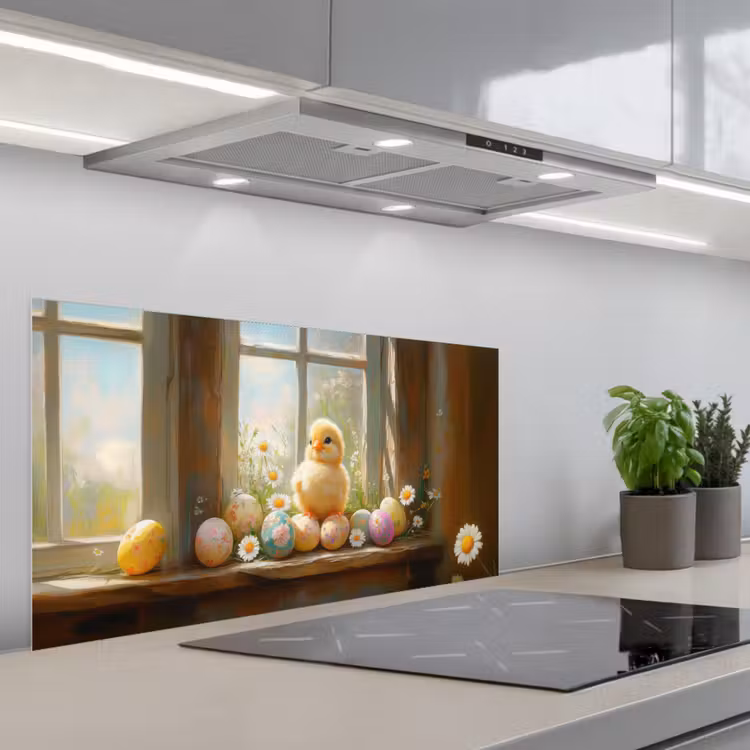 Kuiken - Raam - Paaseieren keuken achterwand spatscherm middel -3d_schuin