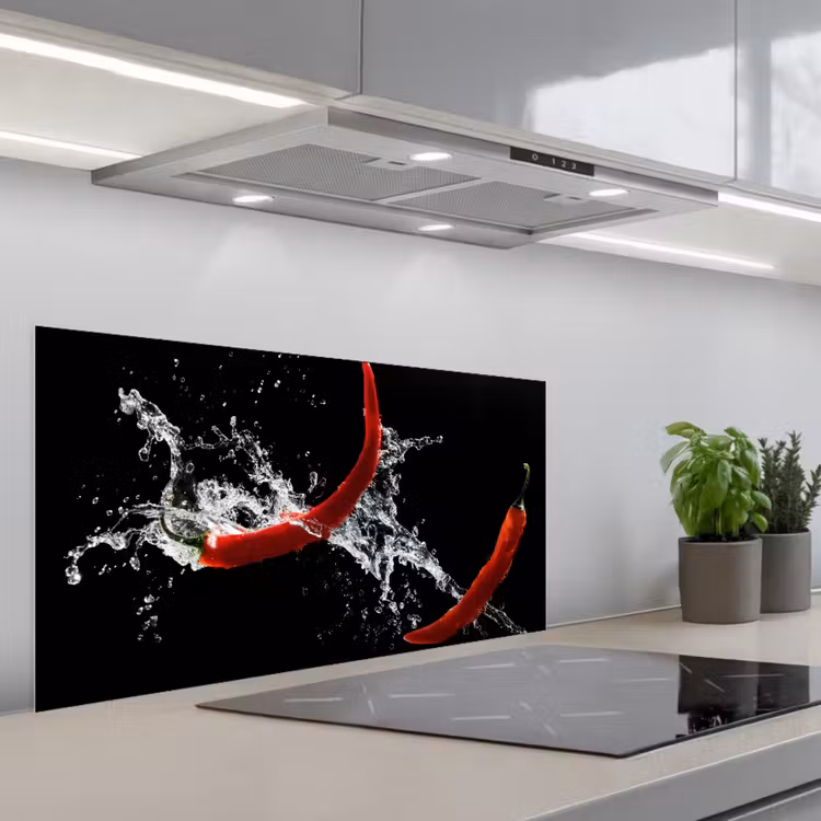 Chilipeper - Stilleven - Water - Zwart - Rood keuken achterwand spatscherm middel -3d_schuin