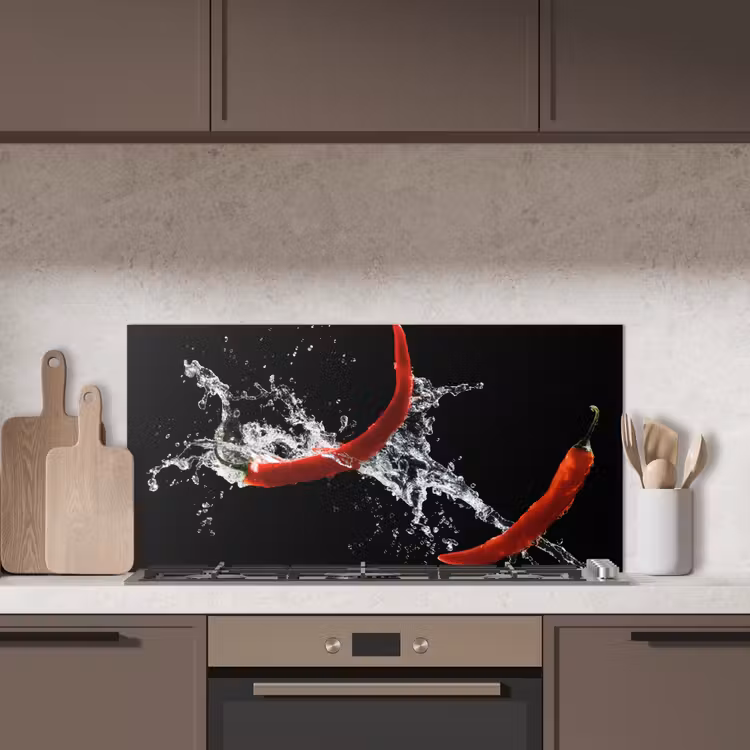 Chilipeper - Stilleven - Water - Zwart - Rood keuken achterwand spatscherm middel -sfeer2