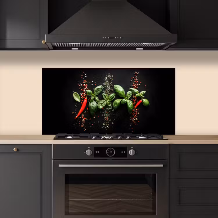 Chilipepers - Basilicum - Blaadjes - Rood keuken achterwand spatscherm middel -sfeer1