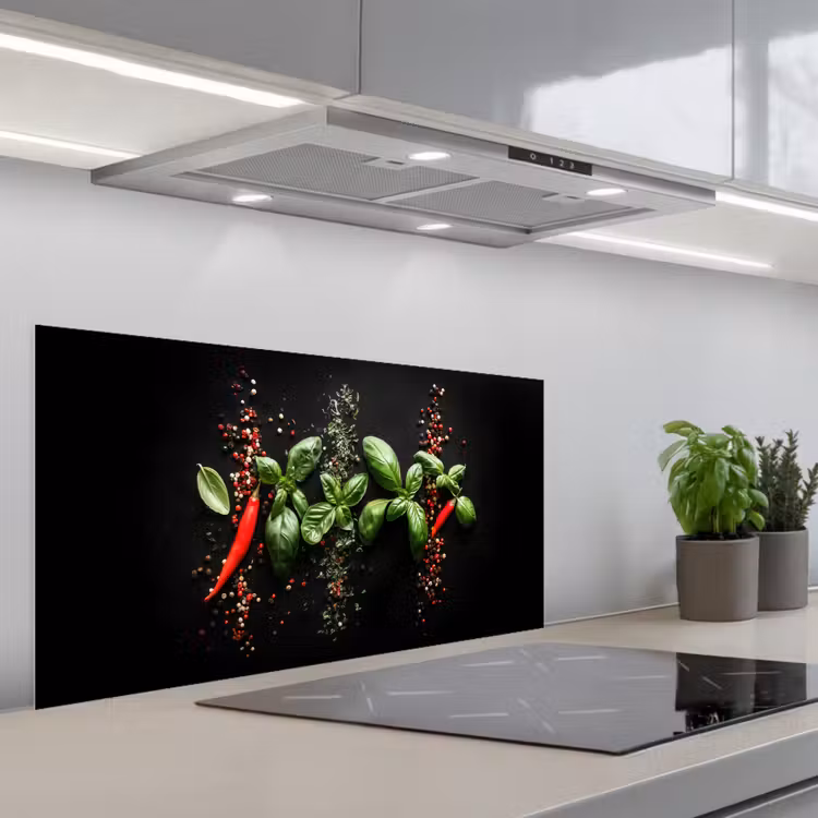 Chilipepers - Basilicum - Blaadjes - Rood keuken achterwand spatscherm middel -3d_schuin