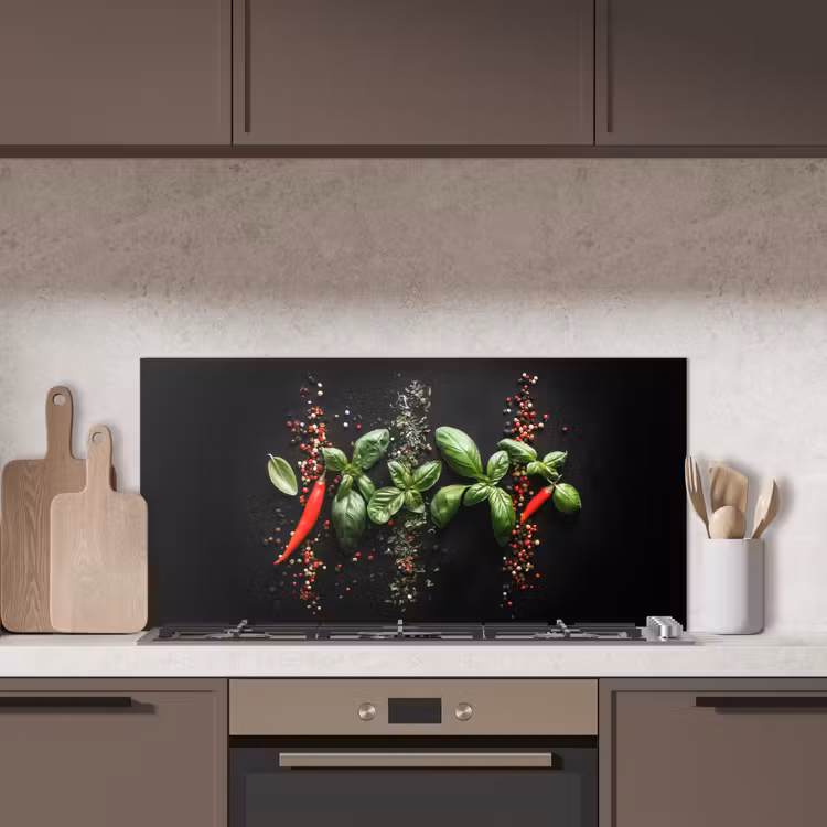 Chilipepers - Basilicum - Blaadjes - Rood keuken achterwand spatscherm middel -sfeer2