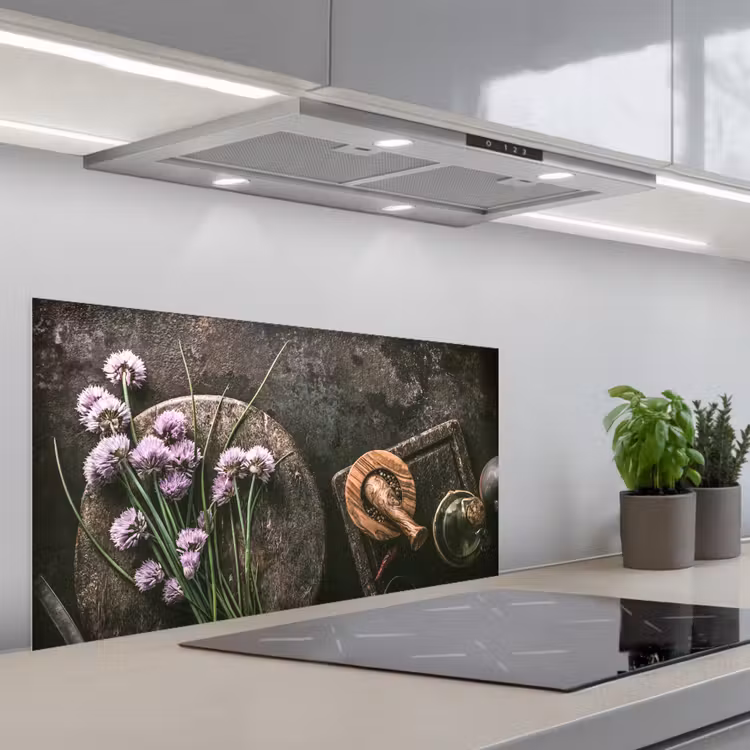 Bieslook - Keuken - Vijzel - Rustiek - Kruiden - Paars keuken achterwand spatscherm middel -3d_schuin